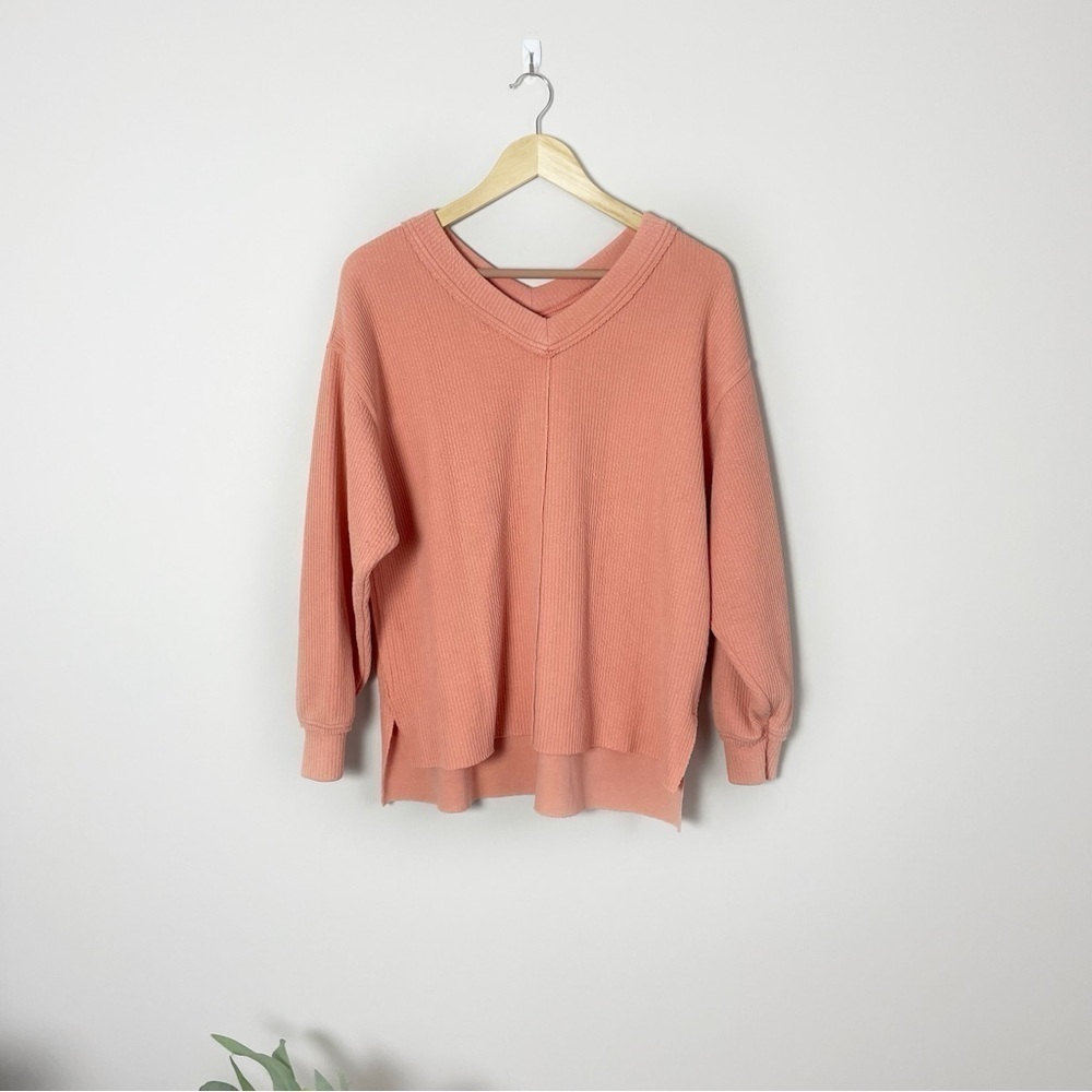 [Aerie] Coral Orange Ribbed Knit Casual V-Neck Pullover Sweater